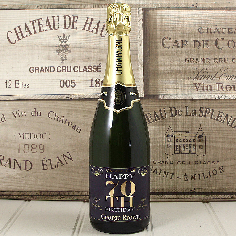 Single Bottle of Champagne with  Printed 70th Birthday Label