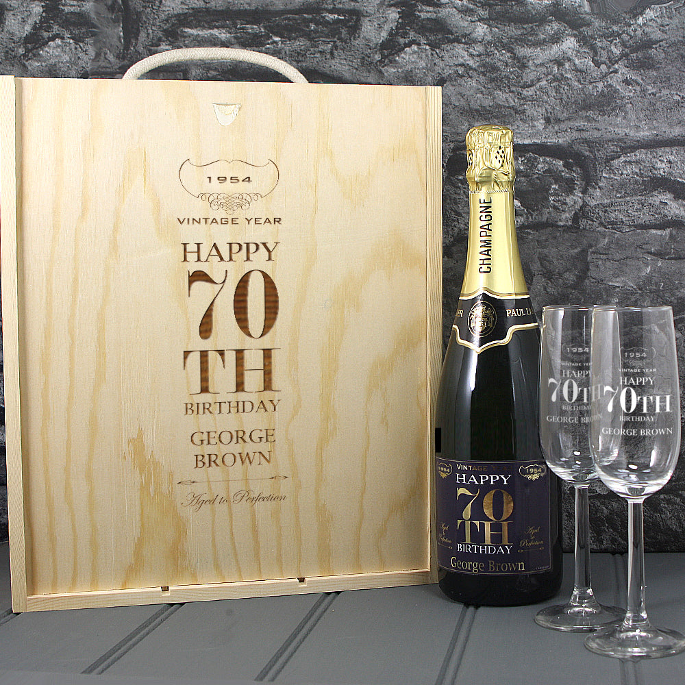 Single Champagne Bottle With A Printed Label, 2 Glasses & Lasered Triple Wooden Box- 70th Birthday