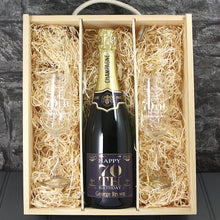 Load image into Gallery viewer, Single Champagne Bottle With A Printed Label, 2 Glasses &amp; Lasered Triple Wooden Box- 70th Birthday
