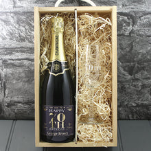 Load image into Gallery viewer, Single Champagne Bottle With A Printed Label With A Double Lasered Wooden Box and Engraved Glass- 70th Birthday
