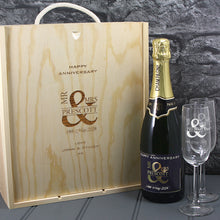 Load image into Gallery viewer, Single Champagne Bottle With A Printed Label, 2 Glasses &amp; Lasered Triple Wooden Box- Anniversary
