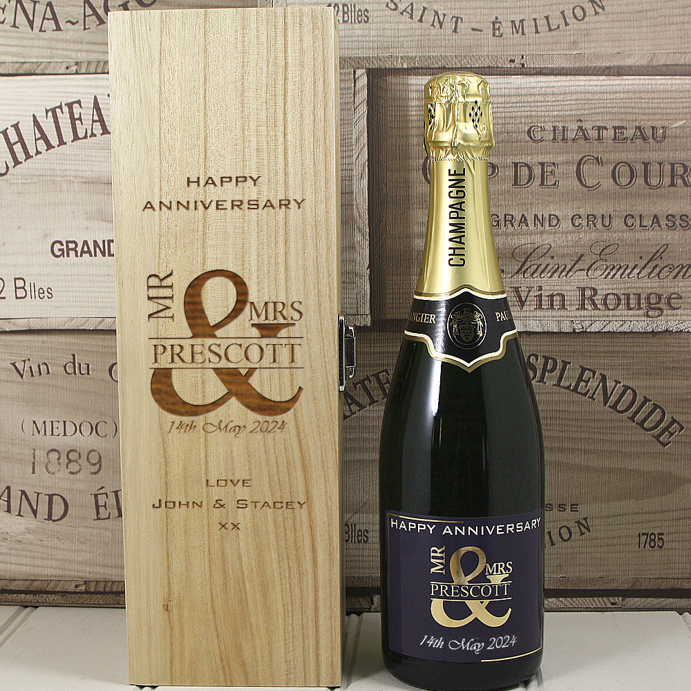 Single Bottle With A Custom Printed Label And Lasered Wooden Box- Anniversary