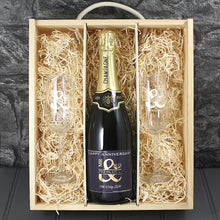 Load image into Gallery viewer, Single Champagne Bottle With A Printed Label, 2 Glasses &amp; Lasered Triple Wooden Box- Anniversary
