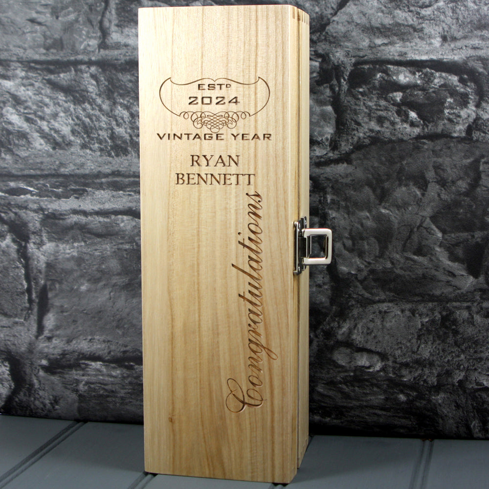 Single Wooden Champagne Box with Laser Engraving -Congratulations