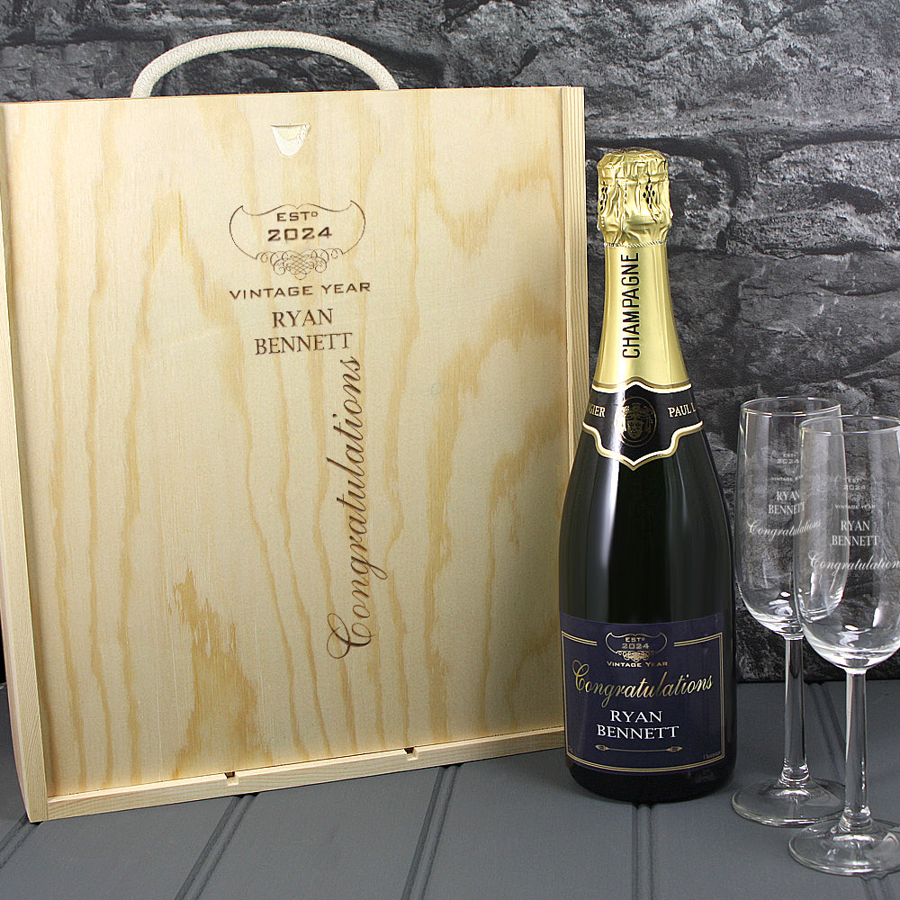 Single Champagne Bottle With A Printed Label, 2 Glasses & Lasered Triple Wooden Box- Congratulations