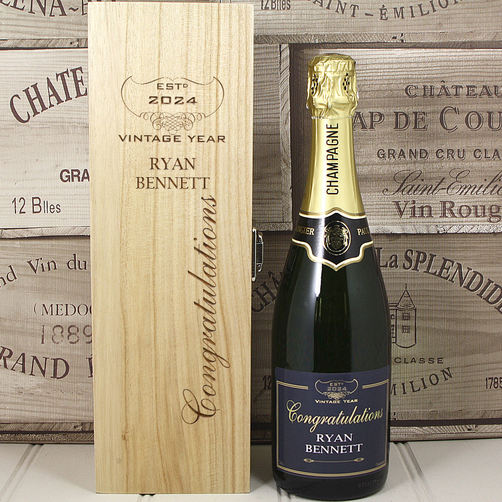 Single Bottle With A Custom Printed Label And Lasered Wooden Box Congratulations