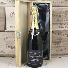 Load image into Gallery viewer, Single Bottle With A Custom Printed Label And Lasered Wooden Box Congratulations
