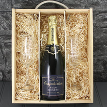 Load image into Gallery viewer, Single Champagne Bottle With A Printed Label, 2 Glasses &amp; Lasered Triple Wooden Box- Congratulations
