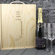 Load image into Gallery viewer, Single Champagne Bottle With A Printed Label, 2 Glasses &amp; Lasered Triple Wooden Box- Engagement
