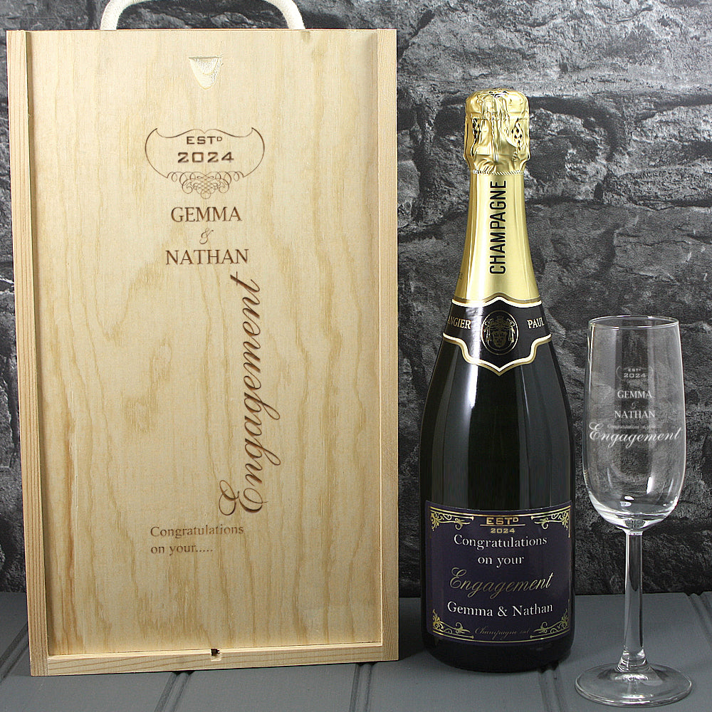 Single Champagne Bottle With A Printed Label With A Double Lasered Wooden Box and Engraved Glass- Engagement