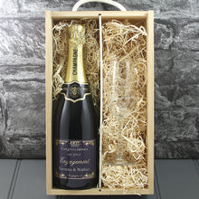Load image into Gallery viewer, Single Champagne Bottle With A Printed Label With A Double Lasered Wooden Box and Engraved Glass- Engagement
