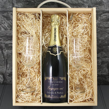 Load image into Gallery viewer, Single Champagne Bottle With A Printed Label, 2 Glasses &amp; Lasered Triple Wooden Box- Engagement
