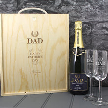 Load image into Gallery viewer, Single Champagne Bottle With A Printed Label, 2 Glasses &amp; Lasered Triple Wooden Box- Fathers Day
