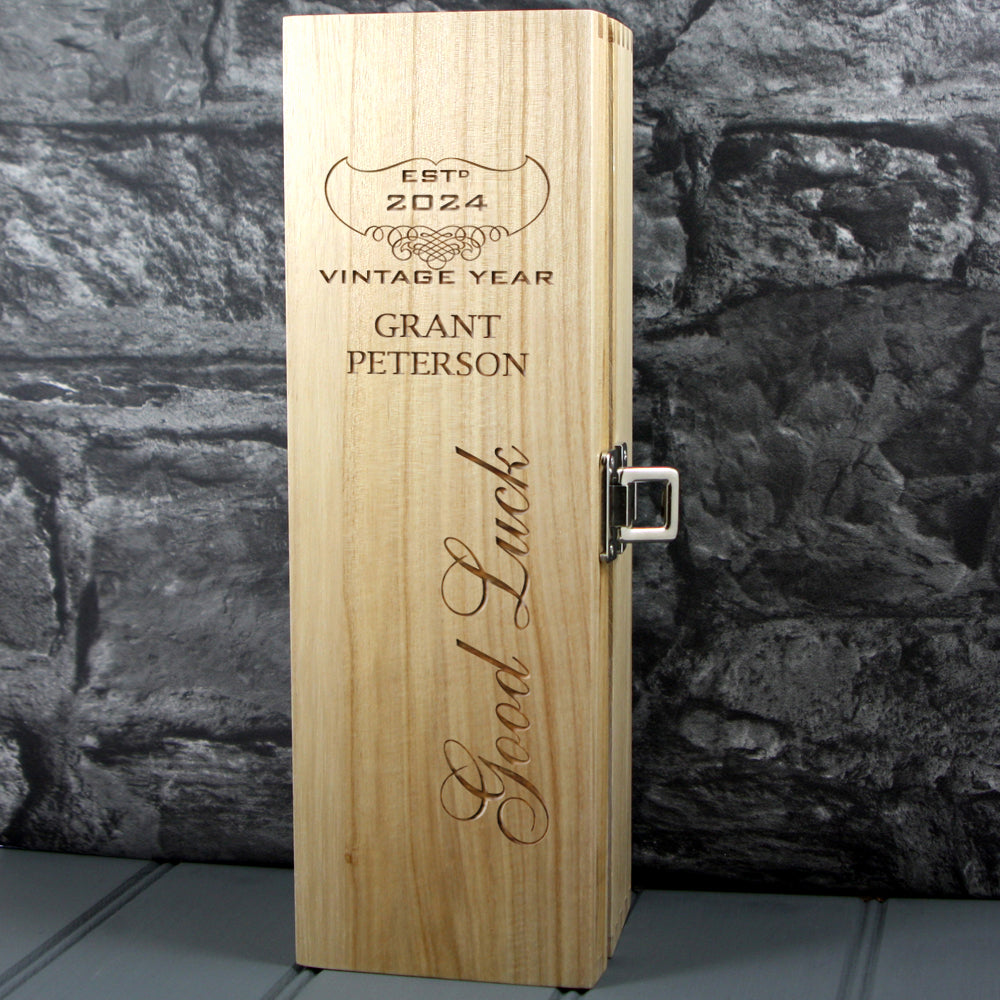 Single Wooden Champagne Box with Laser Engraving -Good Luck
