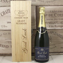 Load image into Gallery viewer, Single Bottle With A Custom Printed Label And Lasered Wooden Box- Good Luck
