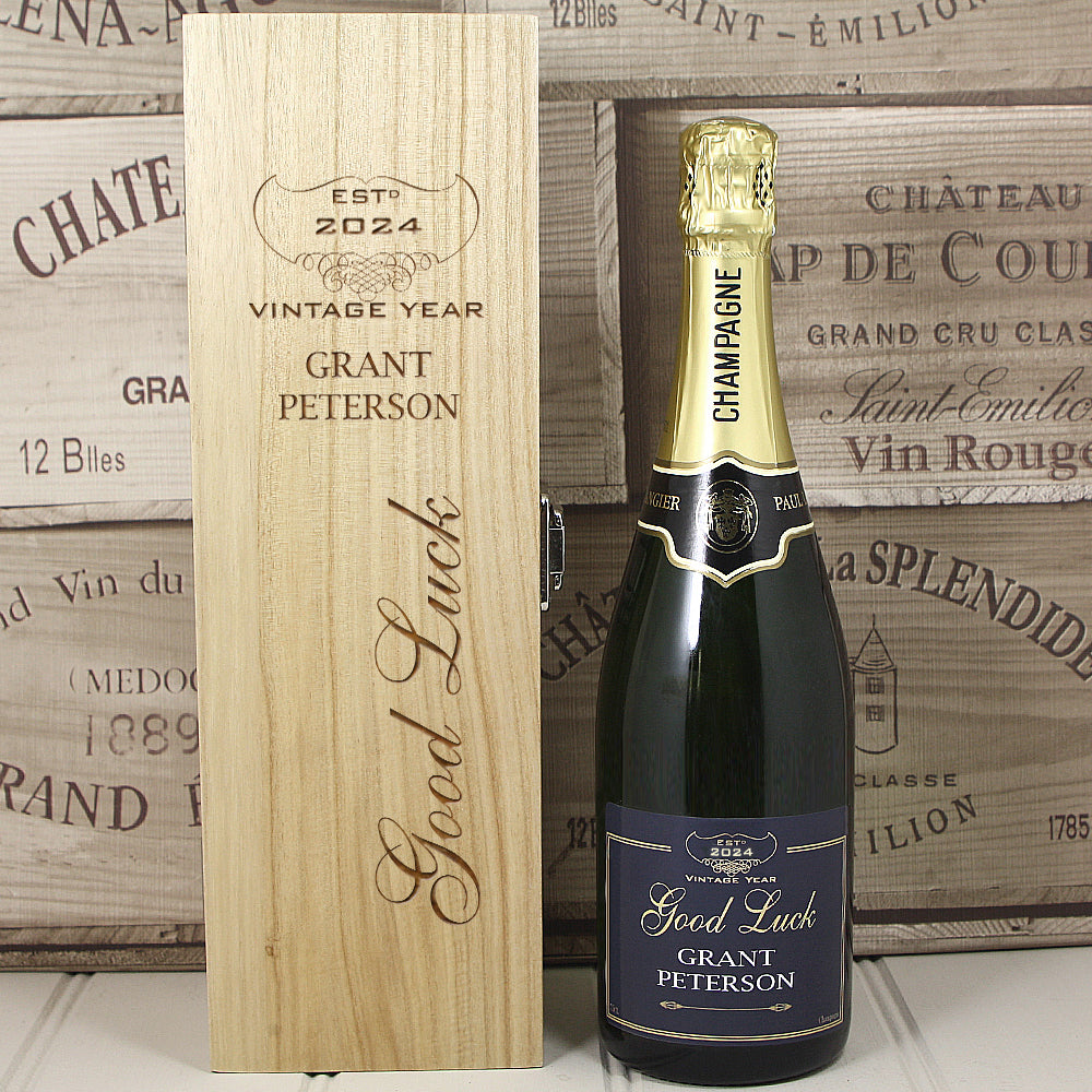 Single Bottle With A Custom Printed Label And Lasered Wooden Box- Good Luck