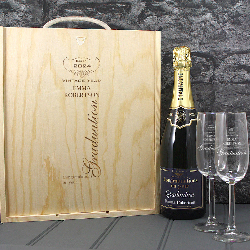 Single Champagne Bottle With A Printed Label, 2 Glasses & Lasered Triple Wooden Box- Graduation