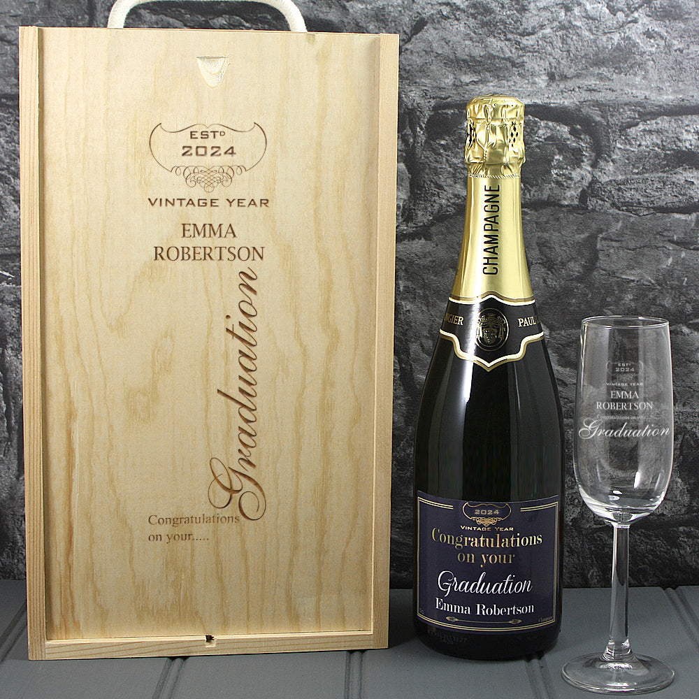 Single Champagne Bottle With A Printed Label With A Double Lasered Wooden Box and Engraved Glass- Graduation