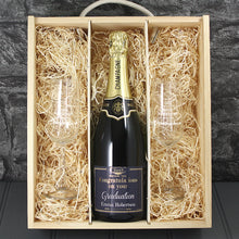 Load image into Gallery viewer, Single Champagne Bottle With A Printed Label, 2 Glasses &amp; Lasered Triple Wooden Box- Graduation
