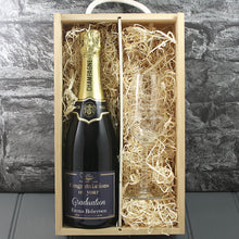 Load image into Gallery viewer, Single Champagne Bottle With A Printed Label With A Double Lasered Wooden Box and Engraved Glass- Graduation

