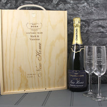 Load image into Gallery viewer, Single Champagne Bottle With A Printed Label, 2 Glasses &amp; Lasered Triple Wooden Box- New Home
