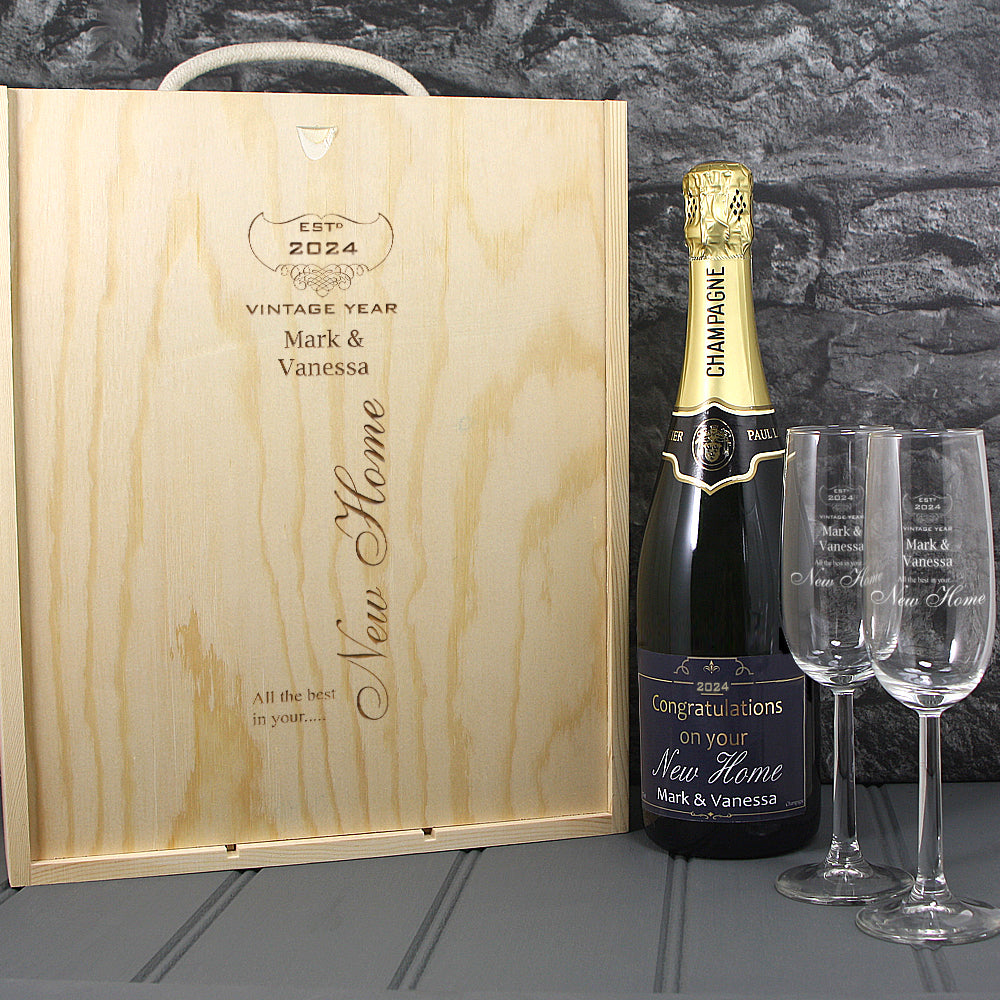 Single Champagne Bottle With A Printed Label, 2 Glasses & Lasered Triple Wooden Box- New Home