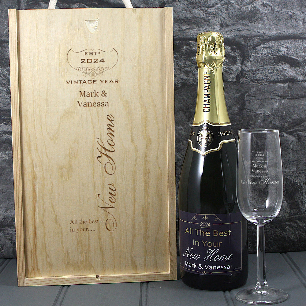 Single Champagne Bottle With A Printed Label With A Double Lasered Wooden Box and Engraved Glass- New Home