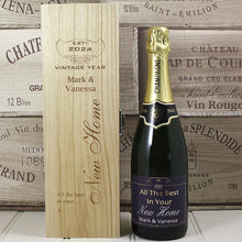 Load image into Gallery viewer, Single Bottle With A Custom Printed Label And Lasered Wooden Box- New Home
