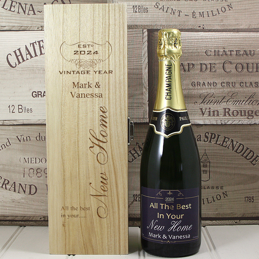 Single Bottle With A Custom Printed Label And Lasered Wooden Box- New Home