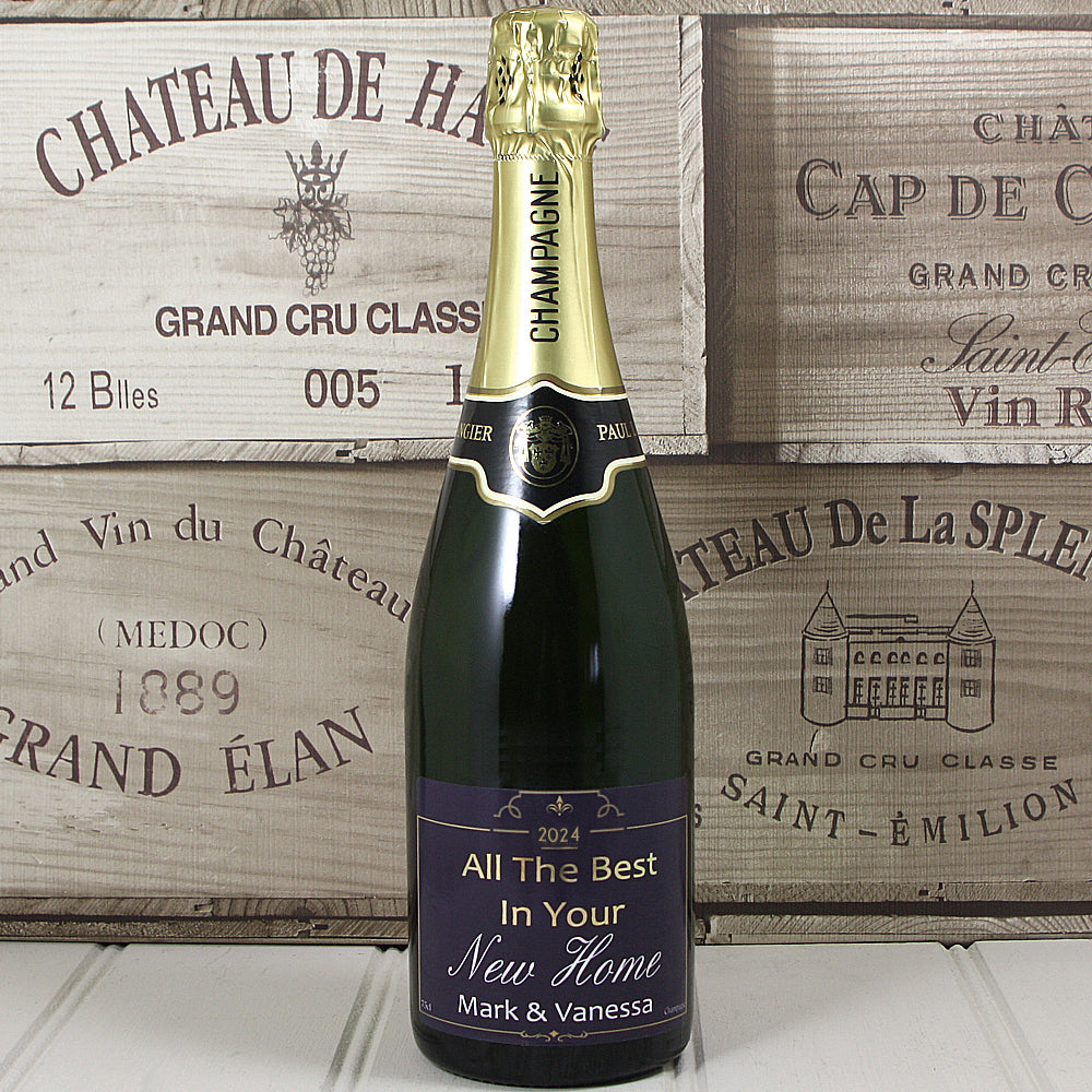 Single Bottle of Champagne with Printed New Home Label