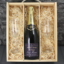 Load image into Gallery viewer, Single Champagne Bottle With A Printed Label, 2 Glasses &amp; Lasered Triple Wooden Box- New Home
