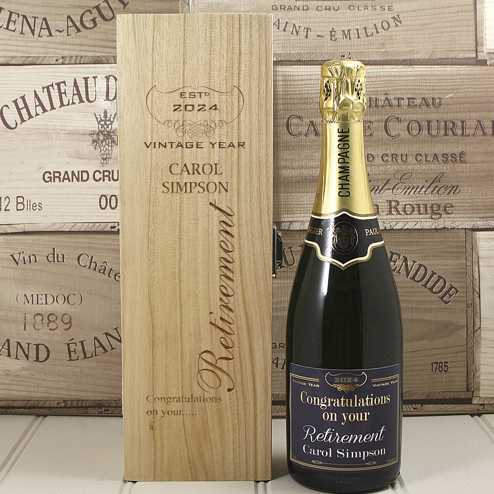 Single Bottle With A Custom Printed Label And Lasered Wooden Box- Retirement