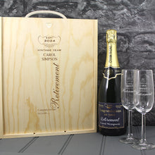 Load image into Gallery viewer, Single Champagne Bottle With A Printed Label, 2 Glasses &amp; Lasered Triple Wooden Box- Retirement
