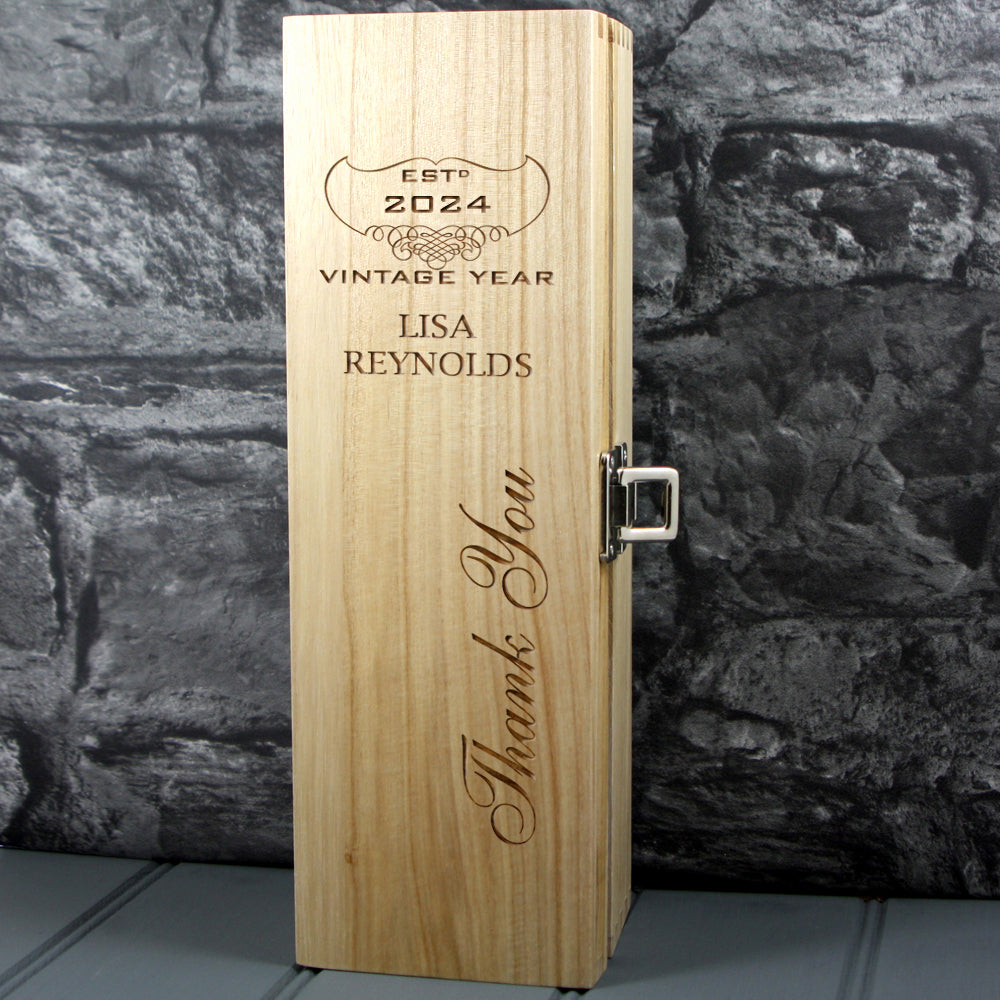 Single Wooden Champagne Box with Laser Engraving -Thank You