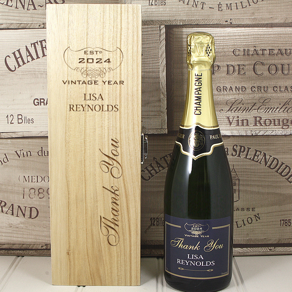 Single Bottle With A Custom Printed Label And Lasered Wooden Box- Thank You