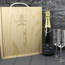 Load image into Gallery viewer, Single Champagne Bottle With A Printed Label, 2 Glasses &amp; Lasered Triple Wooden Box- Thank You

