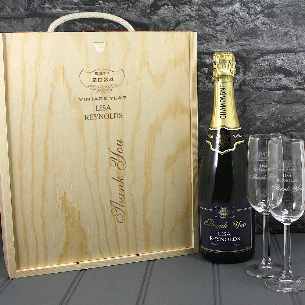 Single Champagne Bottle With A Printed Label, 2 Glasses & Lasered Triple Wooden Box- Thank You