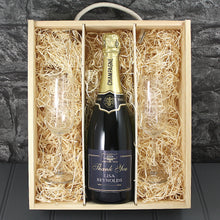 Load image into Gallery viewer, Single Champagne Bottle With A Printed Label, 2 Glasses &amp; Lasered Triple Wooden Box- Thank You
