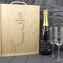 Load image into Gallery viewer, Single Champagne Bottle With A Printed Label, 2 Glasses &amp; Lasered Triple Wooden Box- Wedding
