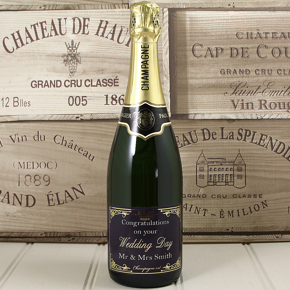 Single Bottle of Champagne with Printed Wedding Label
