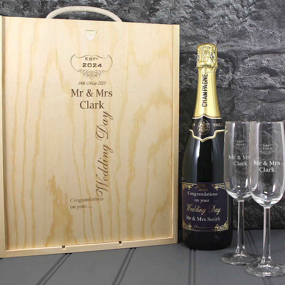 Single Champagne Bottle With A Printed Label, 2 Glasses & Lasered Triple Wooden Box- Wedding