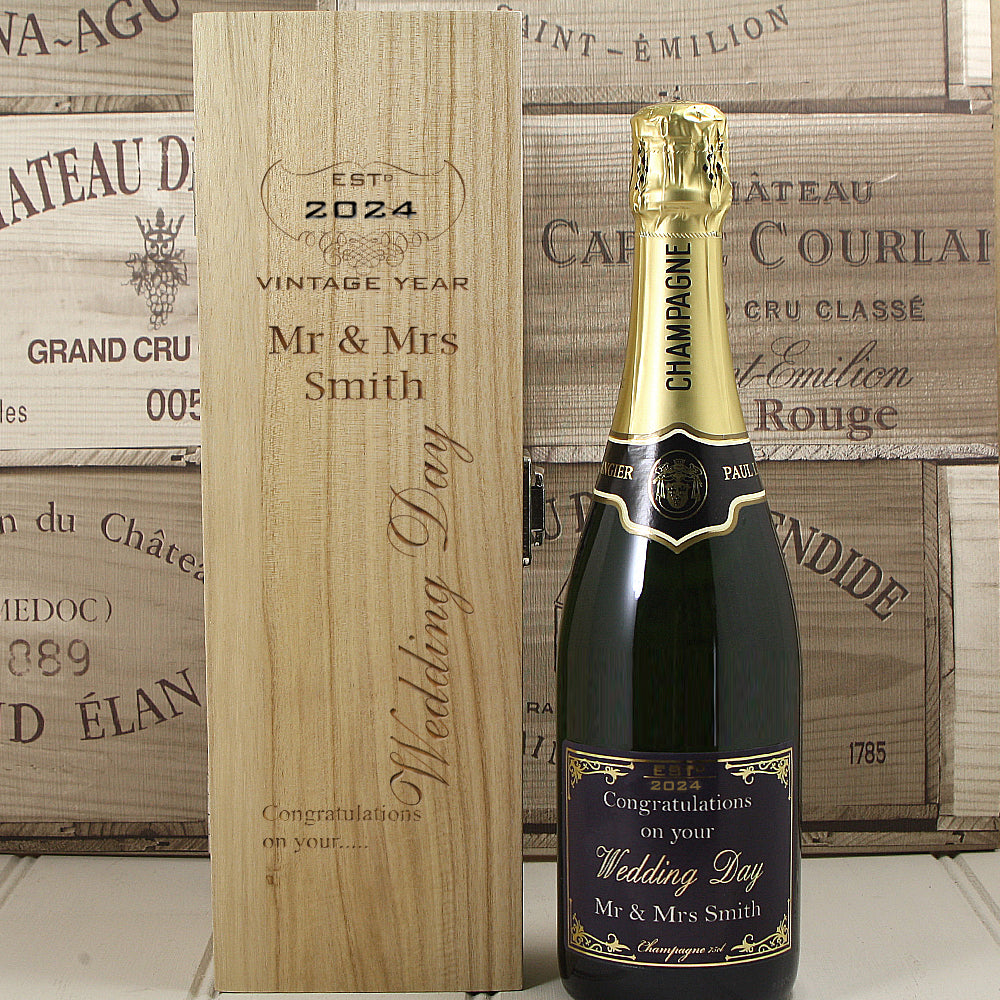 Single Bottle With A Custom Printed Label And Lasered Wooden Box- Wedding