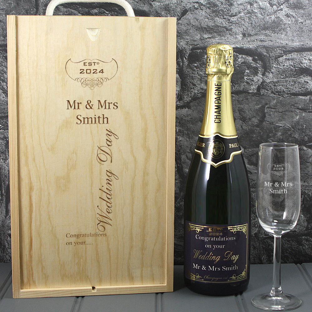 Single Champagne Bottle With A Printed Label With A Double Lasered Wooden Box and Engraved Glass- Wedding
