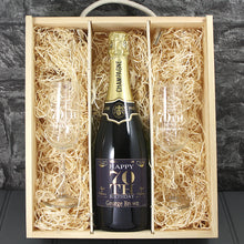 Load image into Gallery viewer, Single Champagne Bottle With A Printed Label, 2 Glasses &amp; Lasered Triple Wooden Box- Birthday
