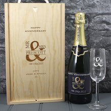 Load image into Gallery viewer, Single Champagne Bottle With A Printed Label With A Double Lasered Wooden Box and Engraved Glass- Anniversary
