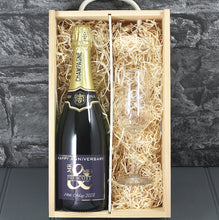 Load image into Gallery viewer, Single Champagne Bottle With A Printed Label With A Double Lasered Wooden Box and Engraved Glass- Anniversary
