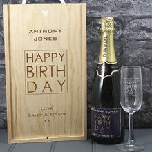 Load image into Gallery viewer, Single Champagne Bottle With A Printed Label With A Double Lasered Wooden Box and Engraved Glass- Birthday
