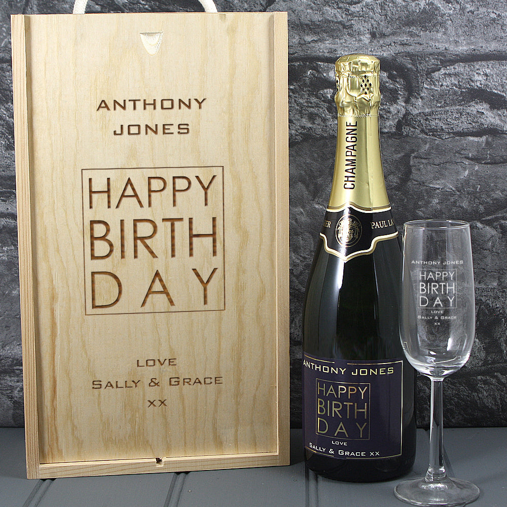 Single Champagne Bottle With A Printed Label With A Double Lasered Wooden Box and Engraved Glass- Birthday