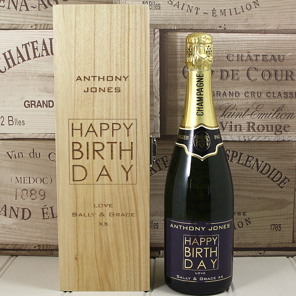 Single Bottle With A Custom Printed Label And Lasered Wooden Box Birthday