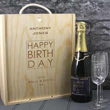 Load image into Gallery viewer, Single bottle with a printed label, 2 engraved champagne glasses &amp; lasered triple wooden box
